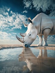 Majestic white rhino drinking from a tranquil pool
