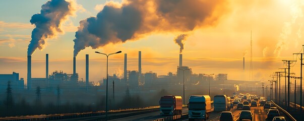 Heavy trucks passing industrial factory emitting smoke pollution at sunset