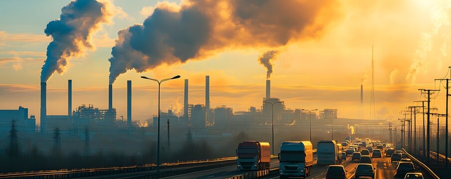 Heavy trucks passing industrial factory emitting smoke pollution at sunset