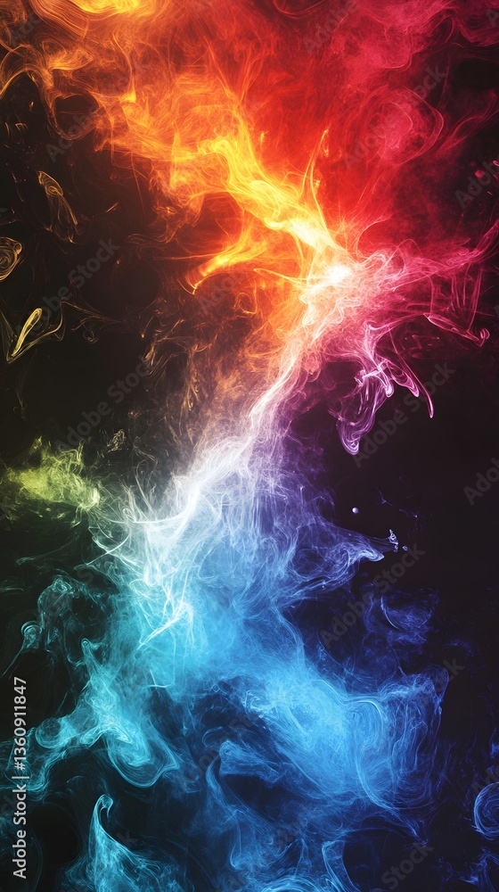 Poster colorful swirling smoke creating abstract shapes against black background