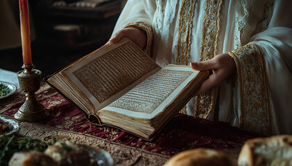 Close-up of woman in traditional garb reading during passover seder. concept of jewish celebration, cultural traditions, spiritual reflection, ritual observance