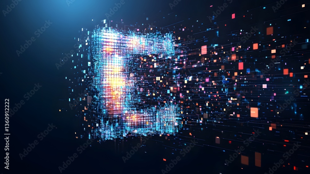 Poster Big data cube exploding into digital particles in virtual space