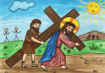 Obraz premium A children's drawing of Jesus carrying the traditional Christian cross, helped by Simon of Cyrene. (3:4)