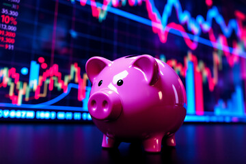 Pink piggy bank against a backdrop of vibrant stock market charts, symbolizing financial savings and investment in a dynamic digital age.