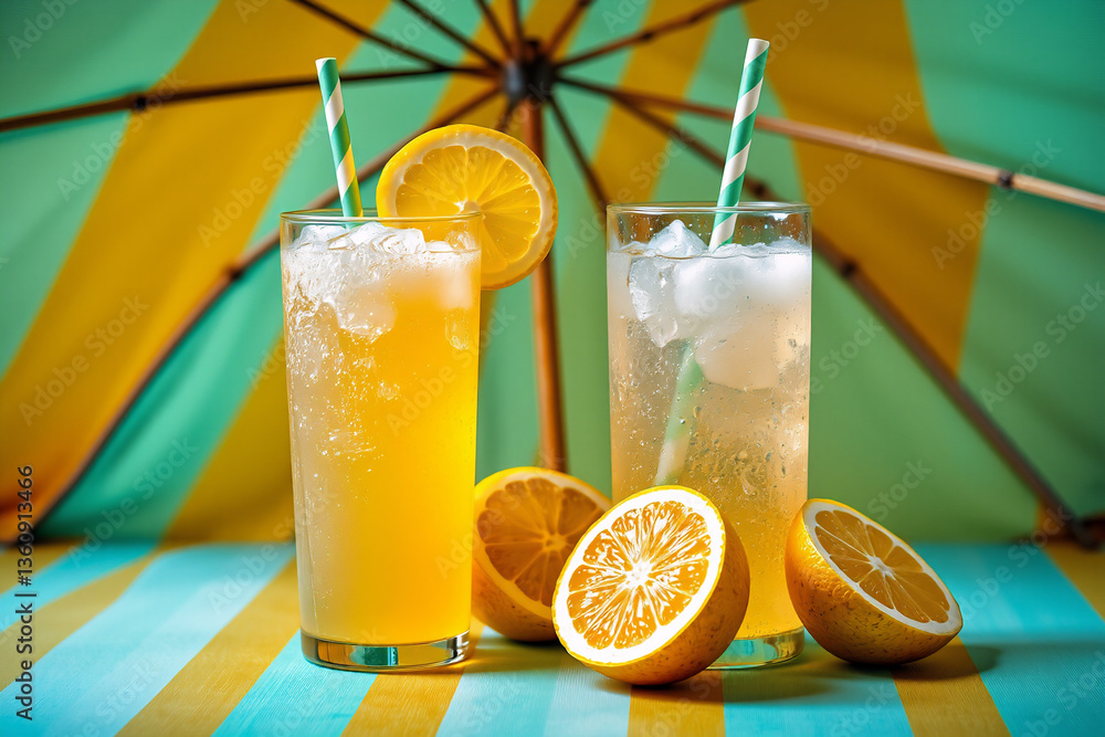 Poster two glasses of cool lemonade with sliced lemons and straws are placed under a vibrant umbrella, crea