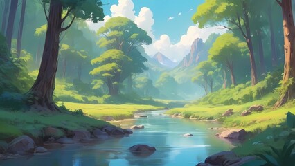 serene countryside landscape with tranquil river flowing through lush greenery and tall trees, creating peaceful atmosphere. soft light enhances natural beauty of scene.