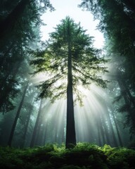 Fototapeta premium Earth Day. Tall Tree in Sunlit Foggy Forest