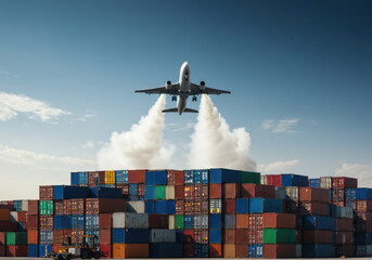 A plane flies over a large pile of containers.