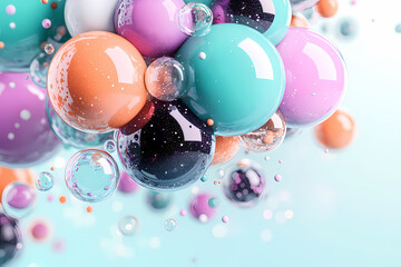 Chromatic Orbit: Floating Sphere Composition - A mesmerizing arrangement of colorful floating spheres and bubbles with smooth gradient effects in purple, orange, and teal. 