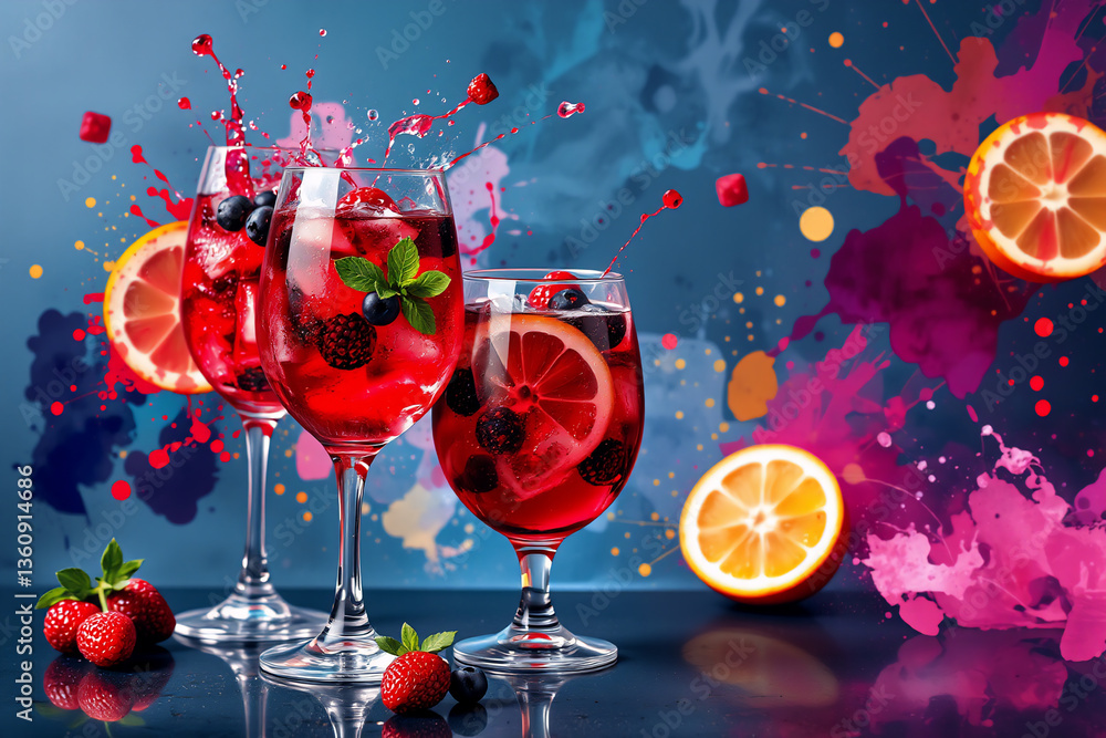 Poster three glasses filled with a red beverage are garnished with fruit slices and berries, creating a vib