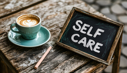 Self care blackboard banner. Self care - white chalk handwriting on a blackboard with a cup of coffee, lifestyle and healthcare concept