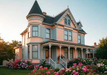 Pink house with turret turret in lush garden with blooming flowers, nestled in peaceful countryside setting.