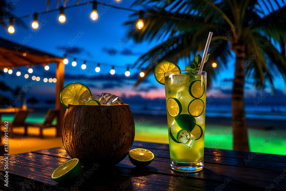 Poster tropical drinks on a wooden table at night. palm trees and string lights create a relaxing beach atm