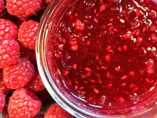 Homemade raspberry jam in a glass jar. Fresh raspberries surround the jar