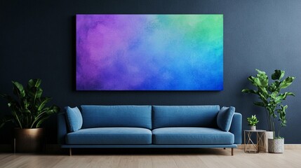 Blue sofa in modern living room with colorful abstract art on wall, plants and side table.