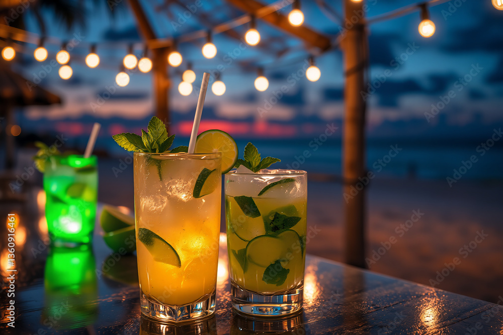 Poster refreshing cocktails glow on a bar at dusk, lit by string lights. a tranquil beach and ocean backdro