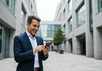 Man in suit and tie looking at his phone in a crowded city street.