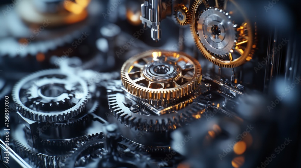 Poster Close-up of intricate metallic gears and cogs intermeshing, showcasing precision engineering and complex mechanics.