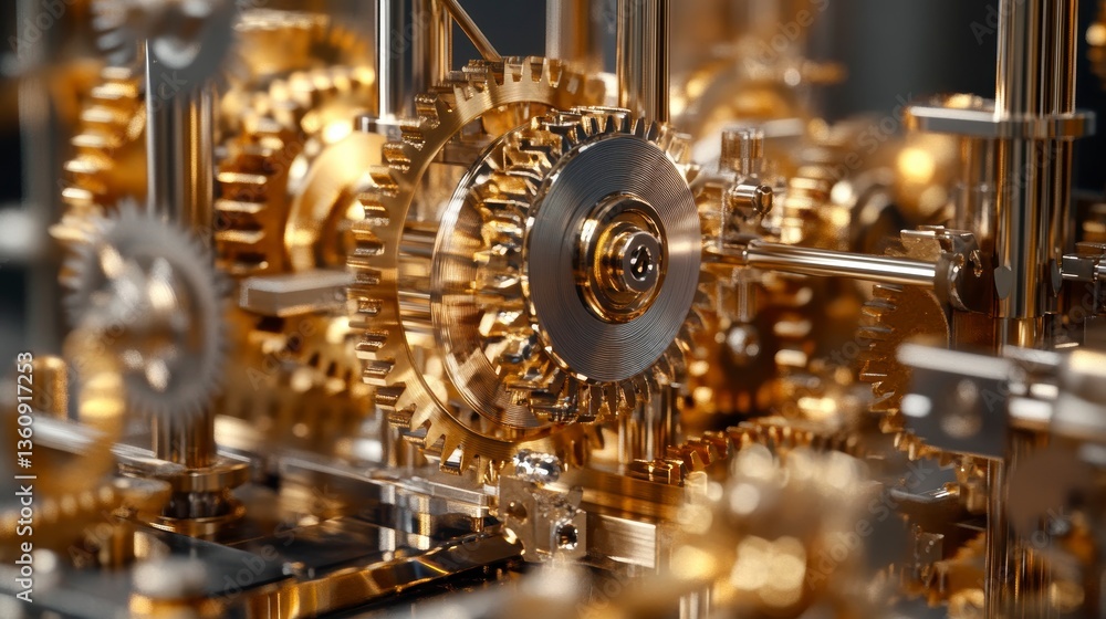 Poster Close-up of intricate gold gears interlocked, showcasing precision engineering and complex mechanism.