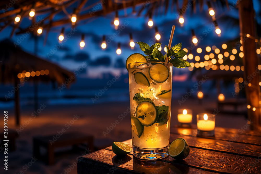 Poster refreshing drink with lime and mint sits on a wooden table at a beach bar at night. string lights an