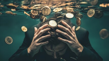 Businessman drowning in debt with litecoin cryptocurrency coins falling around him