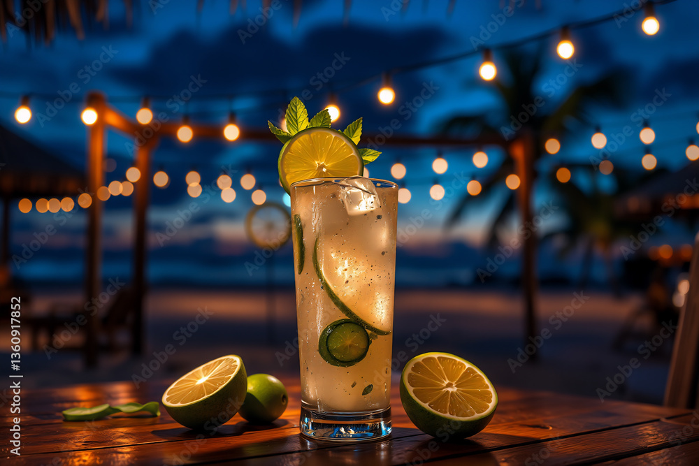 Poster refreshing lime cocktail on a wooden table, garnished with lime slices. beach at night with string l