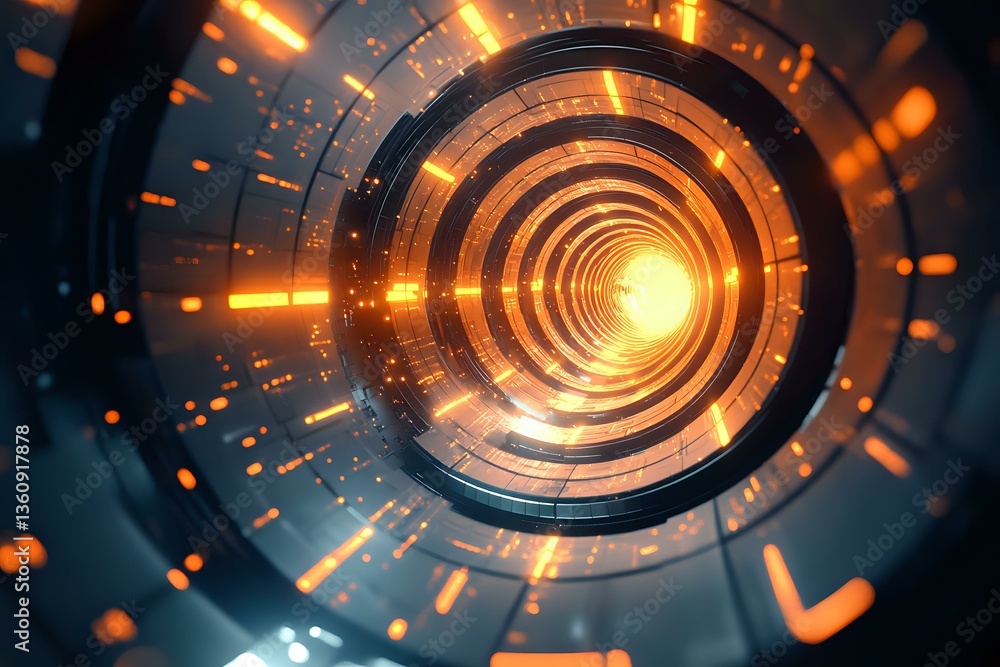 Poster futuristic glowing orange tunnel with circular tech elements and light particles creating depth pers
