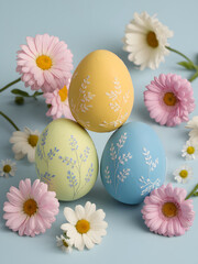 Serene artistic arrangement of colorful Easter eggs, intricate floral patterns surrounded by delicate pink and white daisies placed on soft blue background capturing the elegance and joy of the Easter