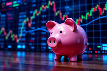 Pink piggy bank stands before a vibrant stock chart display, symbolizing financial savings and investment growth in the fluctuating market. Careful money management.