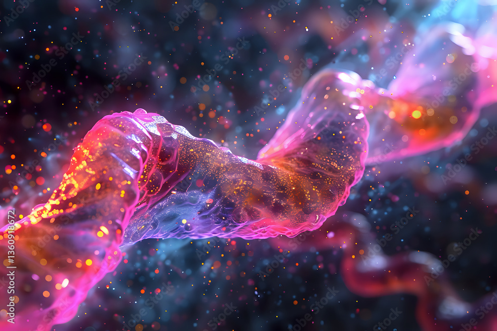 Poster glowing abstract dna strand with vibrant pink and orange colors floating in cosmic space surrounded 