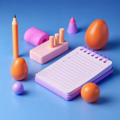 A playful pastel notepad awaits your bright ideas, surrounded by cheerful eggs, a pencil, and whimsical shapes in a vibrant, minimalist scene.