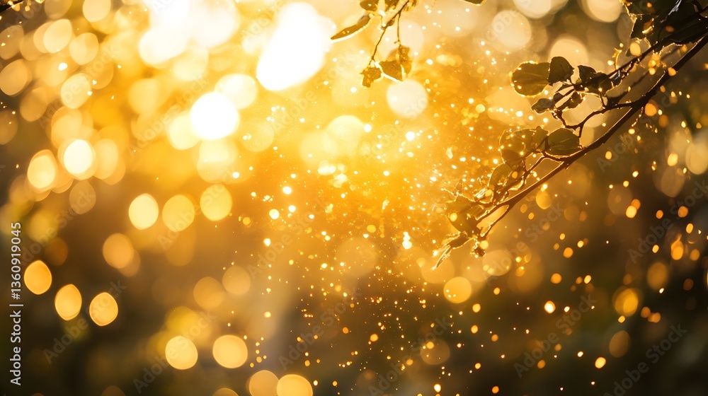 Poster golden bokeh lights shining through leaves on a tree branch at sunset