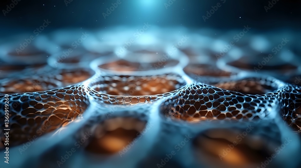 Poster microscopic view of graphene atomic structure with glowing blue light effect and hexagonal carbon la