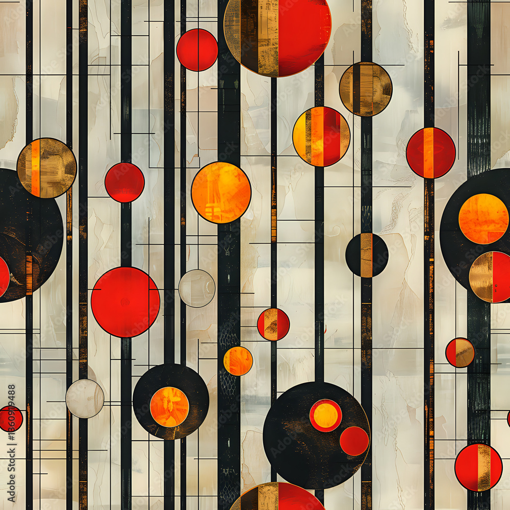 Poster abstract geometric pattern with vertical black lines and floating circles in orange, red, and black 