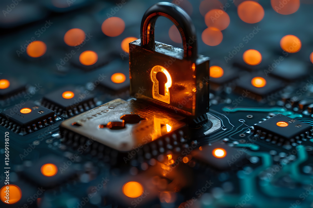 Poster glowing padlock on computer circuit board with orange bokeh lights, representing cybersecurity, data