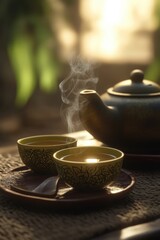 Hot tasty tea is served in outdoors enviroment. Healthy drink. Relaxation.