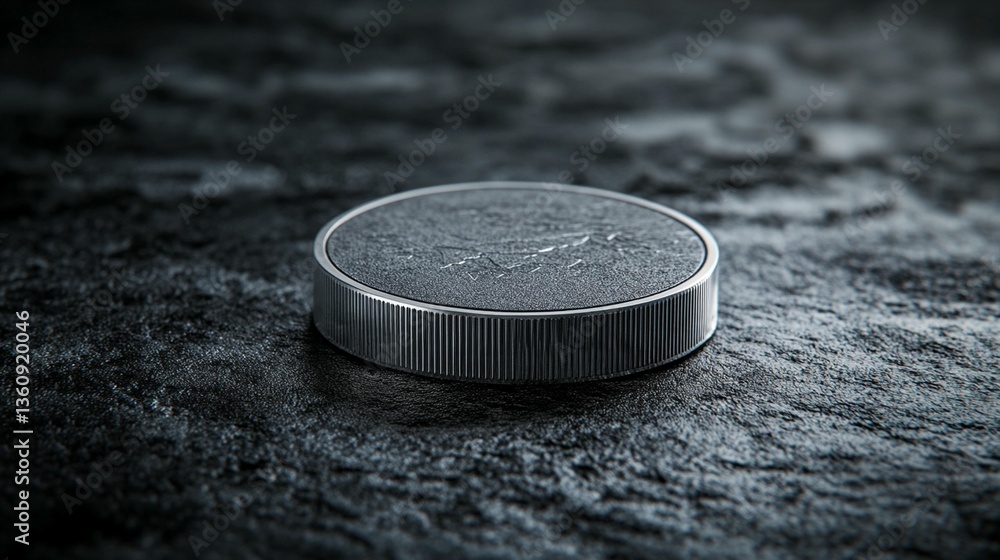 Poster close-up of a metallic, textured circular object on a dark surface.