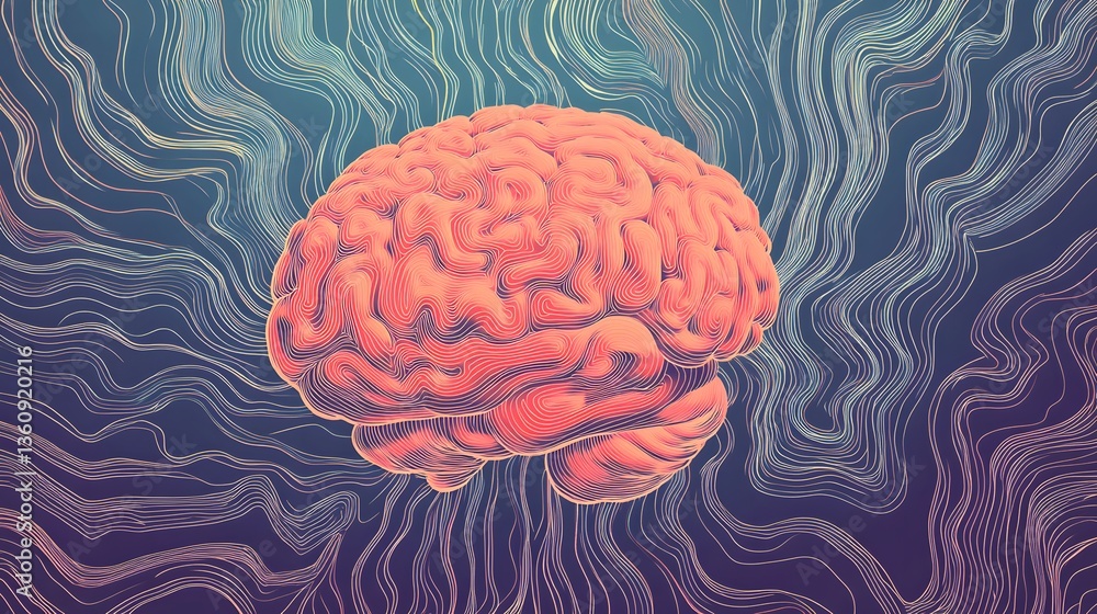 Poster human brain floating in abstract energy field representing consciousness
