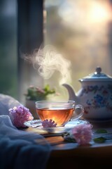 Hot tasty tea is served. Healthy drink. Relaxation.