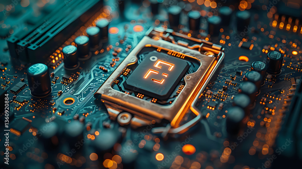 Poster computer processor socket on modern motherboard with glowing cyan and orange circuit paths, close-up