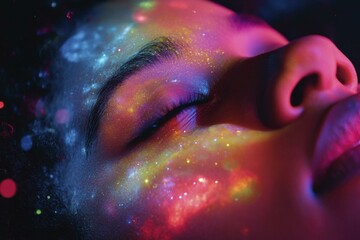 Fototapeta premium Woman's Face with Colorful Sparkling Cosmic Makeup and Eyes Closed, Fantasy Beauty