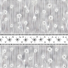 Minimalist Kantha Embroidery Line Art &ndash; Monochrome Floral Pattern