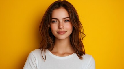 Fototapeta premium Young caucasian female smiling in white t-shirt against yellow background