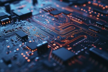 Close-up of a complex and interconnected glowing red circuit board, components, computer, technology