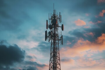 Telecommunications Tower Against Colorful Sunset Sky and Clouds
