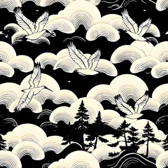 Japanese Ukiyo-e Crane and Cloud Motif &ndash; Seamless Ink Wash Pattern