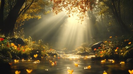 Obraz premium Sunlight streams through autumn forest, illuminating a gentle stream lined with colorful wildflowers and butterflies