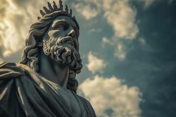 Marble Statue of Bearded Ruler with Crown Against Cloudy Sky