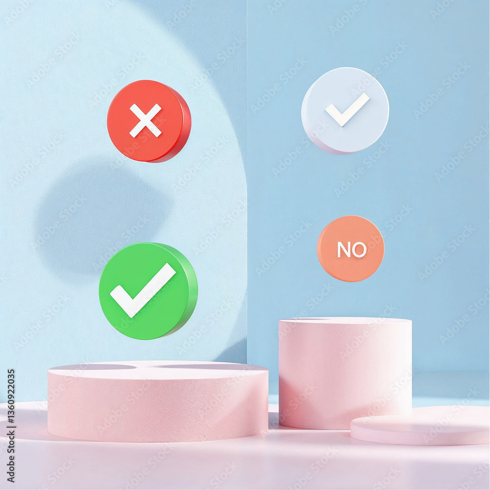 Poster a vibrant decision-making process visualized with floating pastel checkmarks and crosses against a s