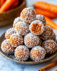 A beautifully arranged stack of coconut-coated carrot energy balls sits on a rustic plate, surrounded by fresh carrots and a hint of cinnamon, showcasing a healthy treat.